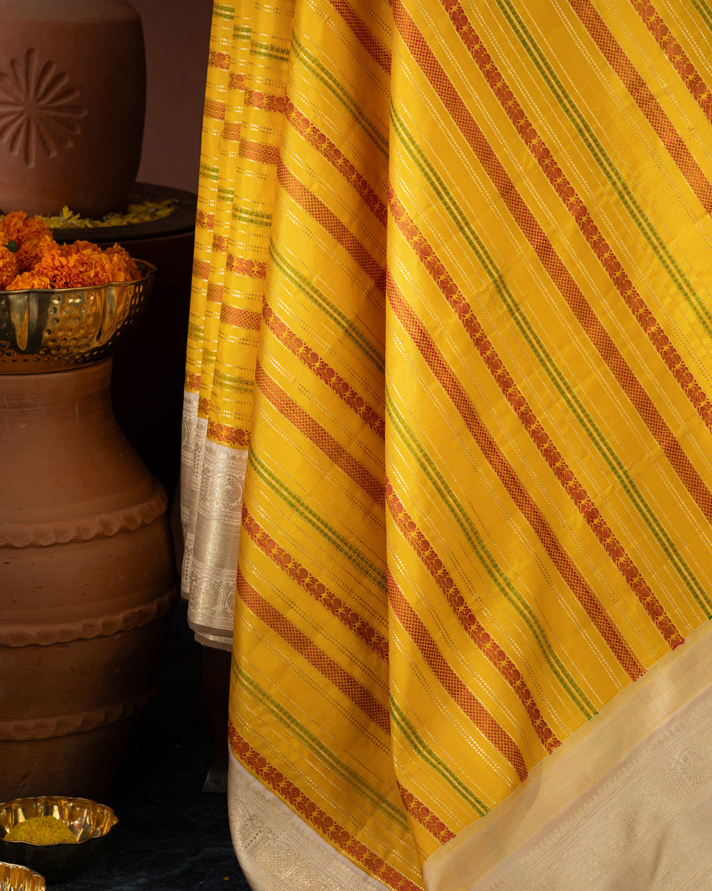 Yellow & Beige Kanchipuram Silk Saree With Thread & Zari Weave