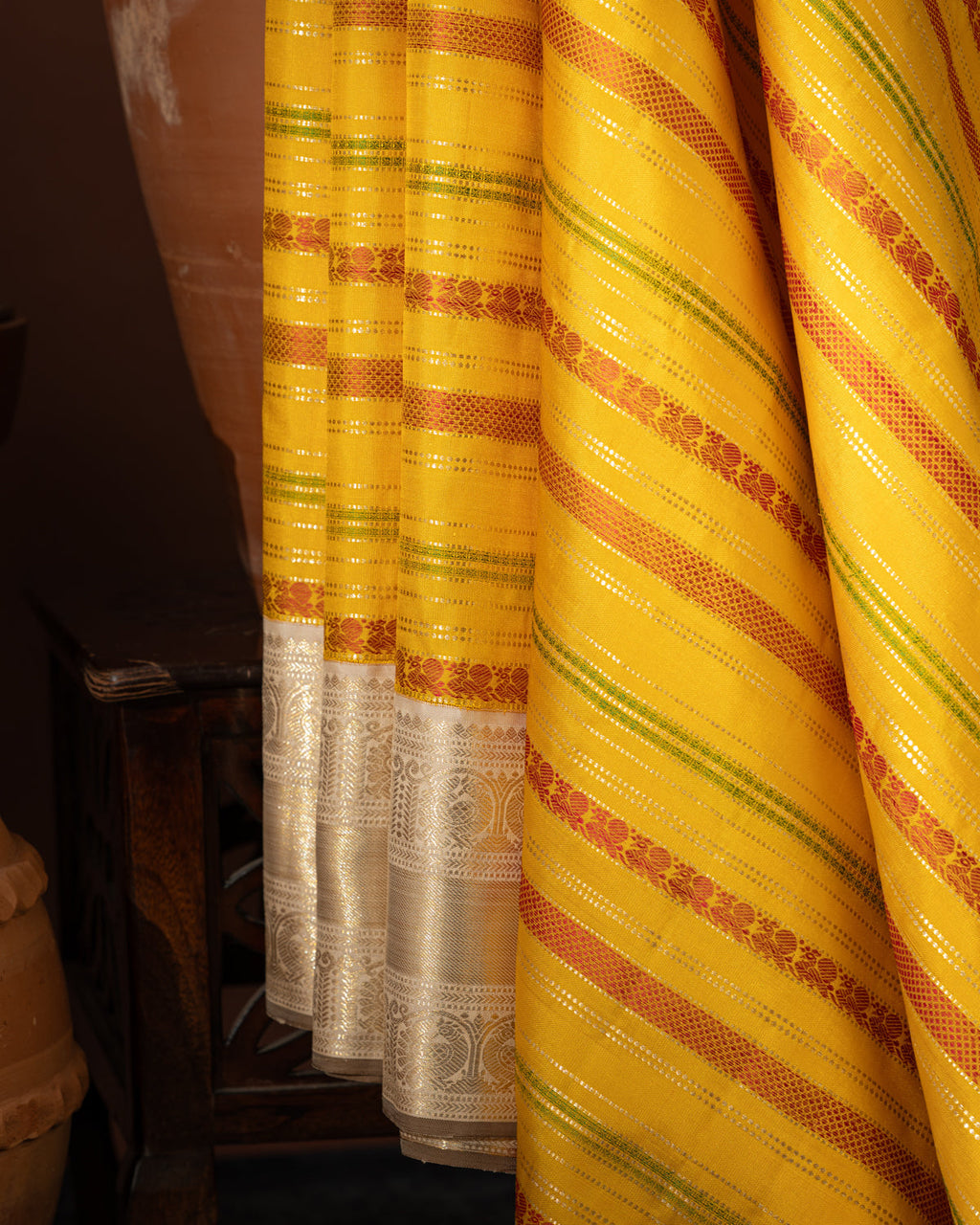 Yellow & Beige Kanchipuram Silk Saree With Thread & Zari Weave