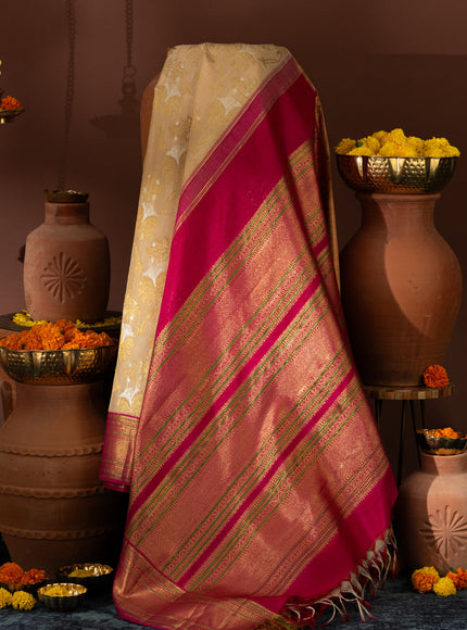 Beige Kanchipuram Kora With Rich Contrast Pink Pallu And Blouse