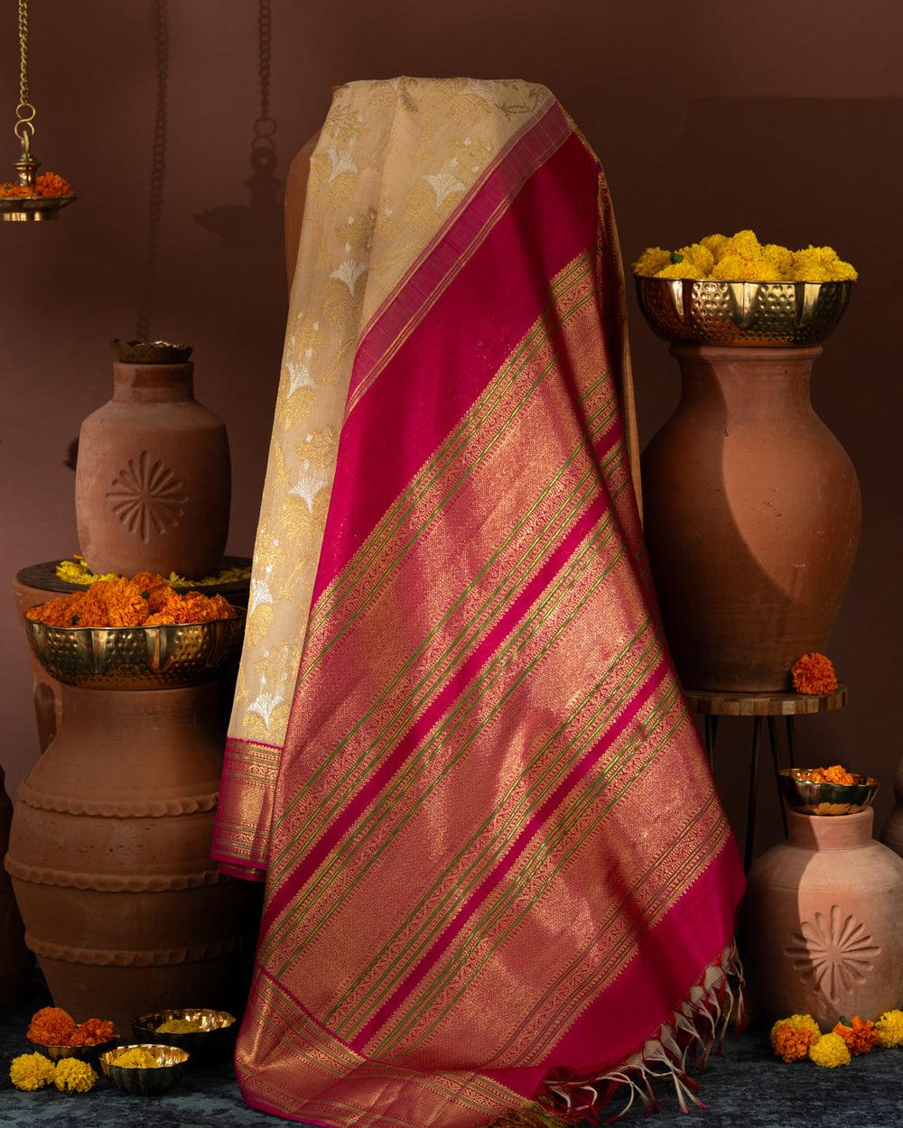 Beige Kanchipuram Kora With Rich Contrast Pink Pallu And Blouse