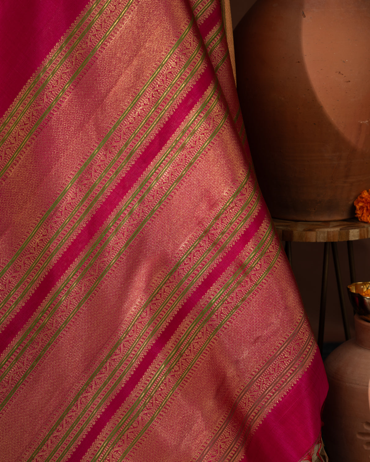Beige Kanchipuram Kora With Rich Contrast Pink Pallu And Blouse