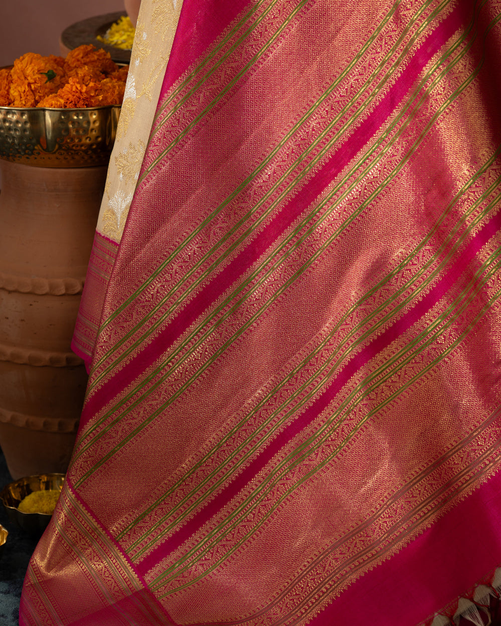Beige Kanchipuram Kora With Rich Contrast Pink Pallu And Blouse