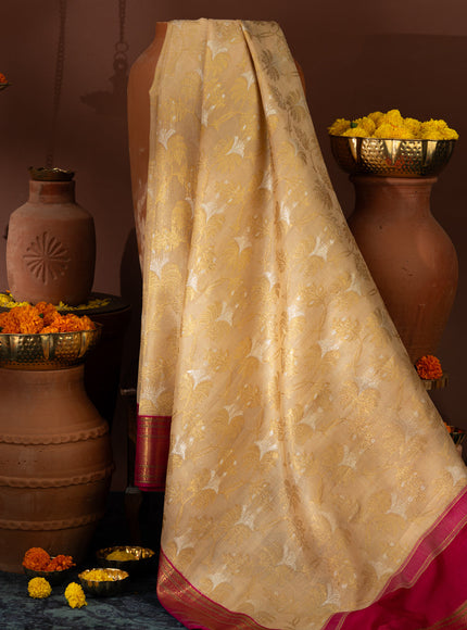 Beige Kanchipuram Kora With Rich Contrast Pink Pallu And Blouse