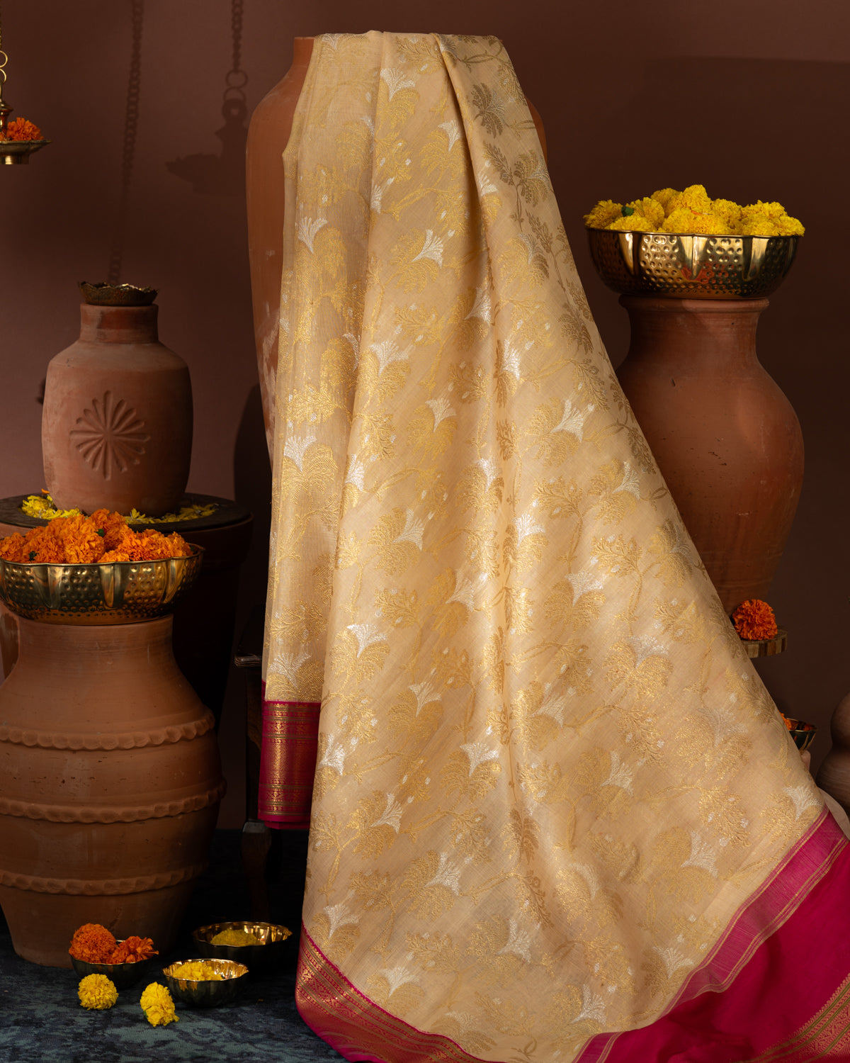 Beige Kanchipuram Kora With Rich Contrast Pink Pallu And Blouse