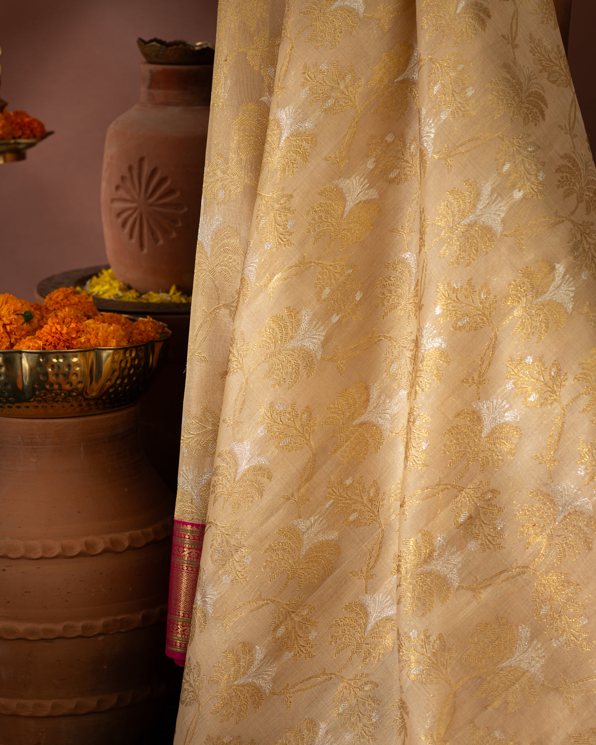 Beige Kanchipuram Kora With Rich Contrast Pink Pallu And Blouse