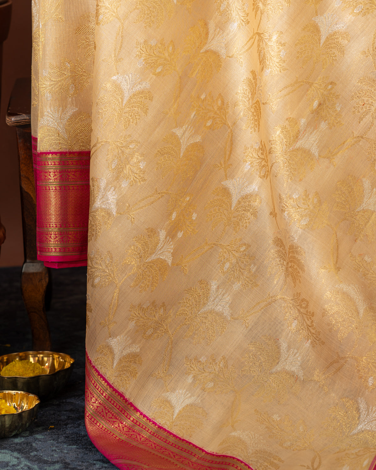 Beige Kanchipuram Kora With Rich Contrast Pink Pallu And Blouse