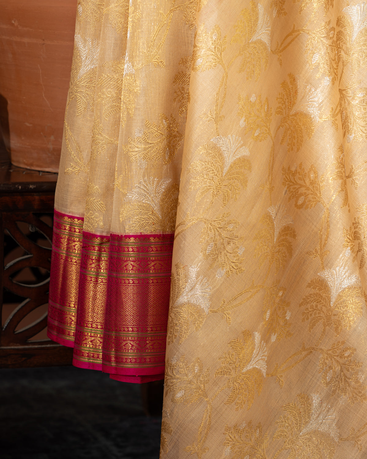 Beige Kanchipuram Kora With Rich Contrast Pink Pallu And Blouse