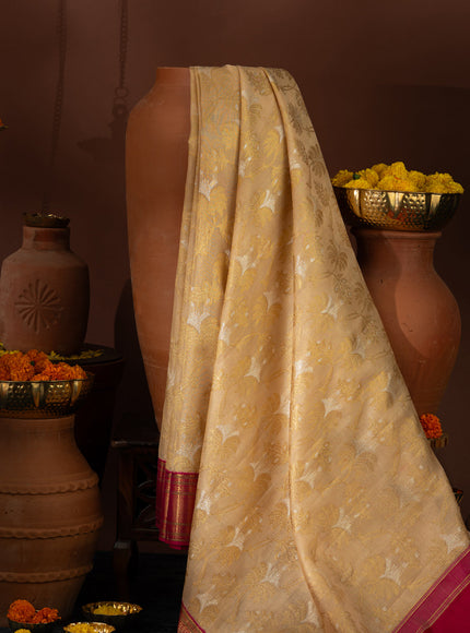 Beige Kanchipuram Kora With Rich Contrast Pink Pallu And Blouse