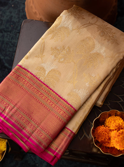 Beige Kanchipuram Kora With Rich Contrast Pink Pallu And Blouse