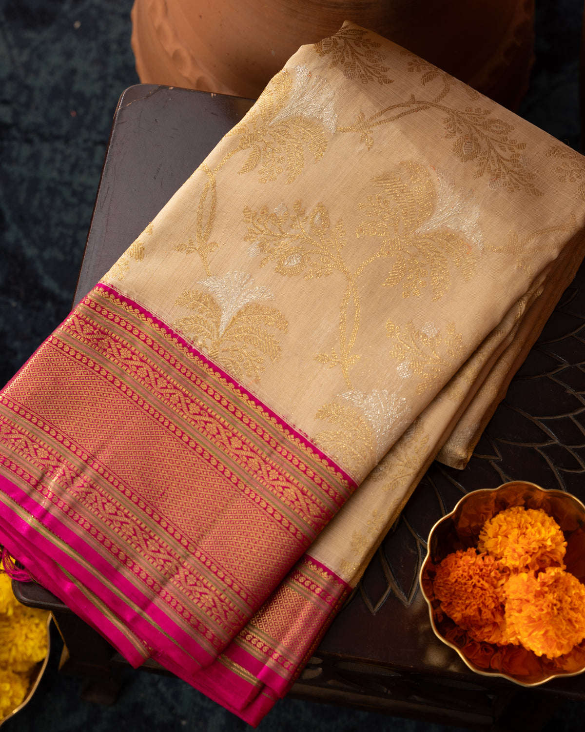 Beige Kanchipuram Kora With Rich Contrast Pink Pallu And Blouse