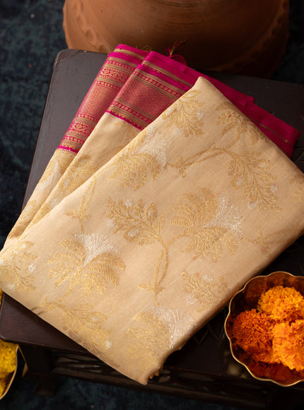 Beige Kanchipuram Kora With Rich Contrast Pink Pallu And Blouse