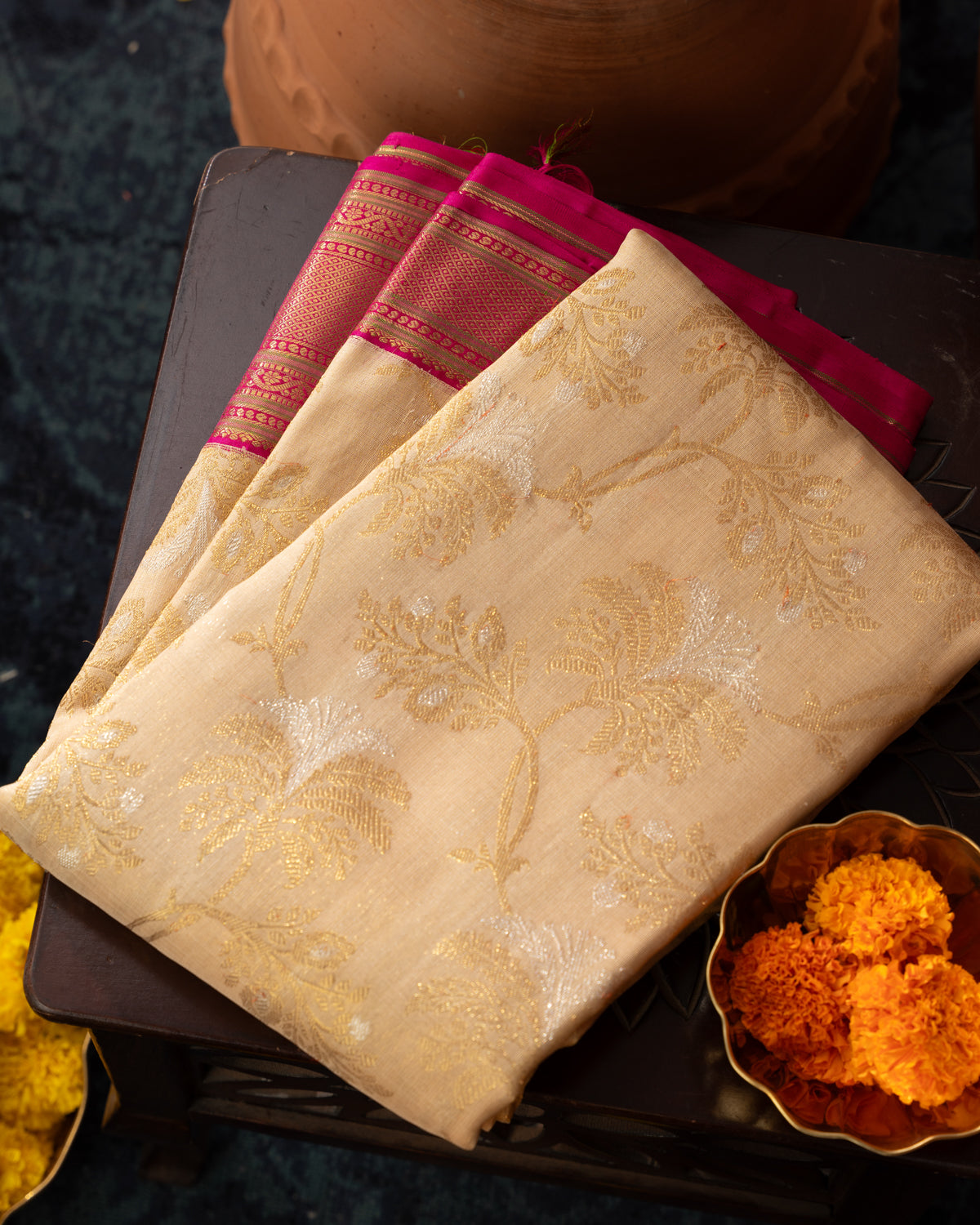 Beige Kanchipuram Kora With Rich Contrast Pink Pallu And Blouse