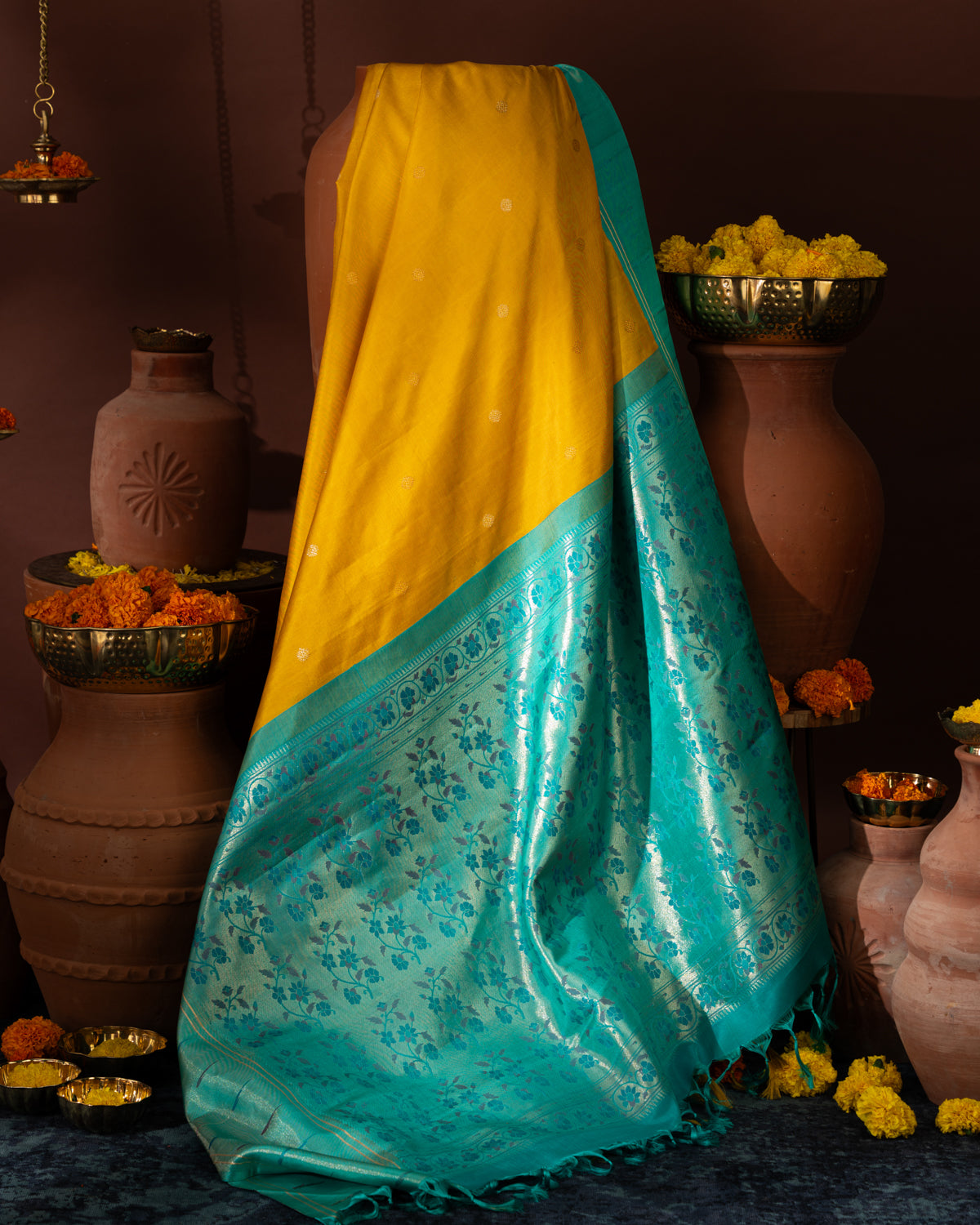 Yellow & Teal Kanchipuram Silk Saree With Contrast Border & Pallu