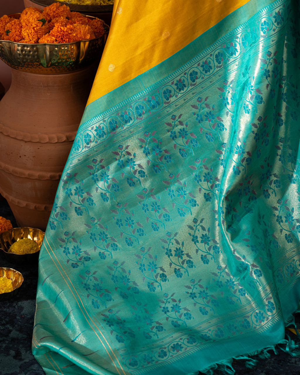 Yellow & Teal Kanchipuram Silk Saree With Contrast Border & Pallu