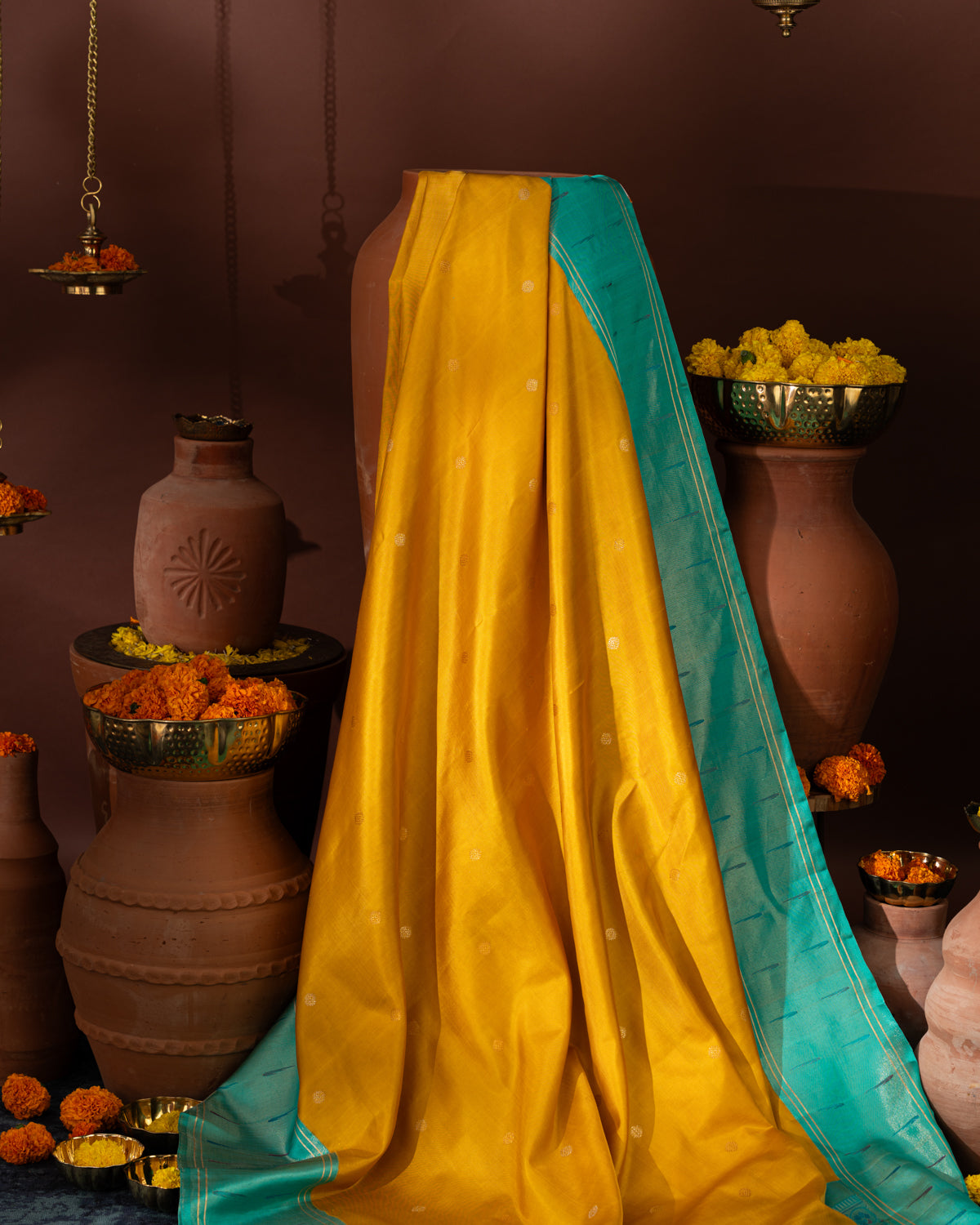 Yellow & Teal Kanchipuram Silk Saree With Contrast Border & Pallu