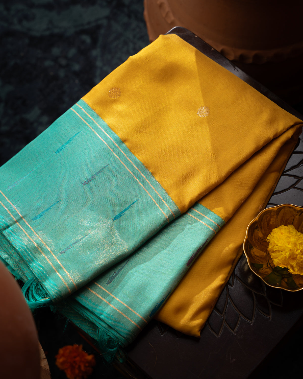 Yellow & Teal Kanchipuram Silk Saree With Contrast Border & Pallu