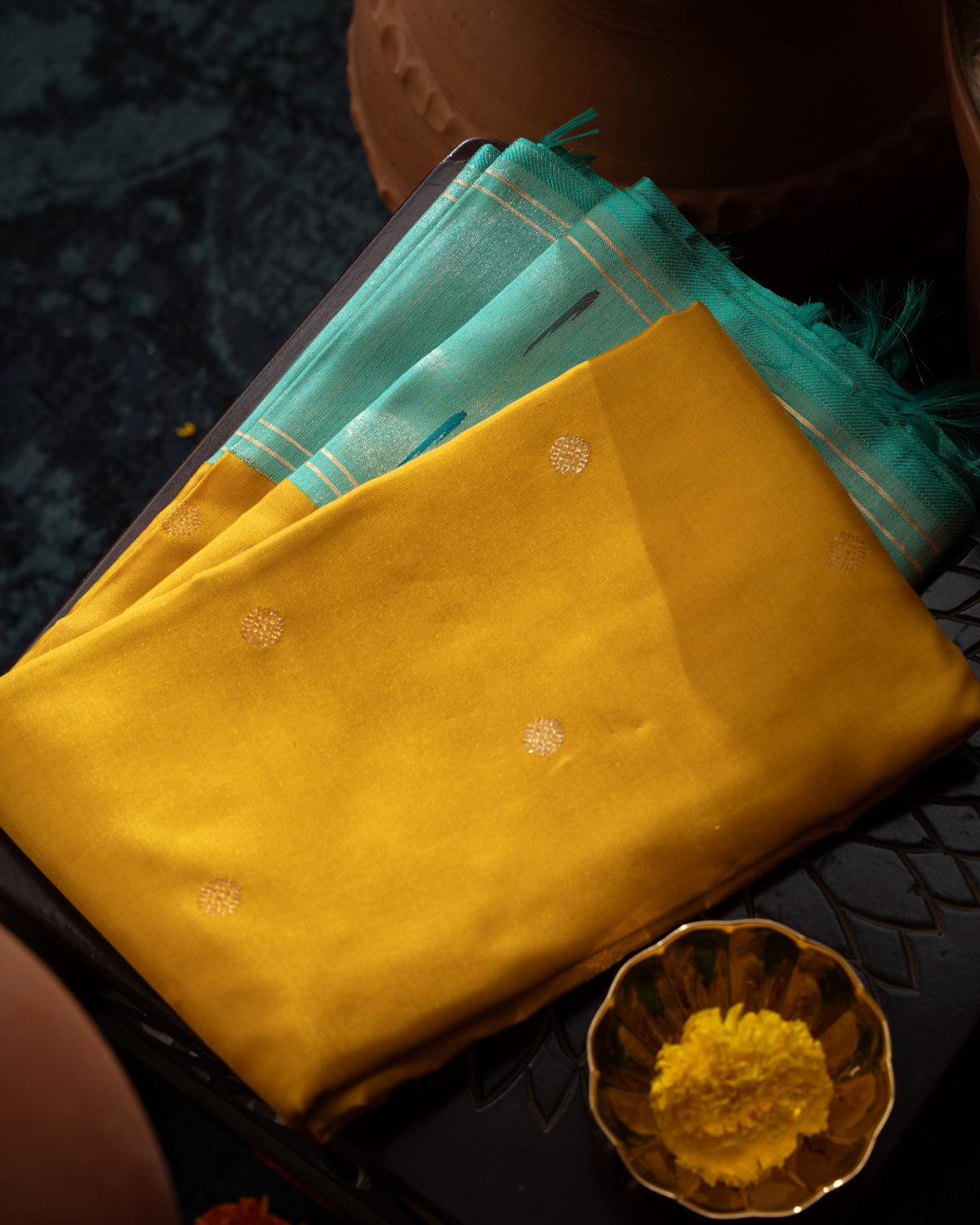 Yellow & Teal Kanchipuram Silk Saree With Contrast Border & Pallu