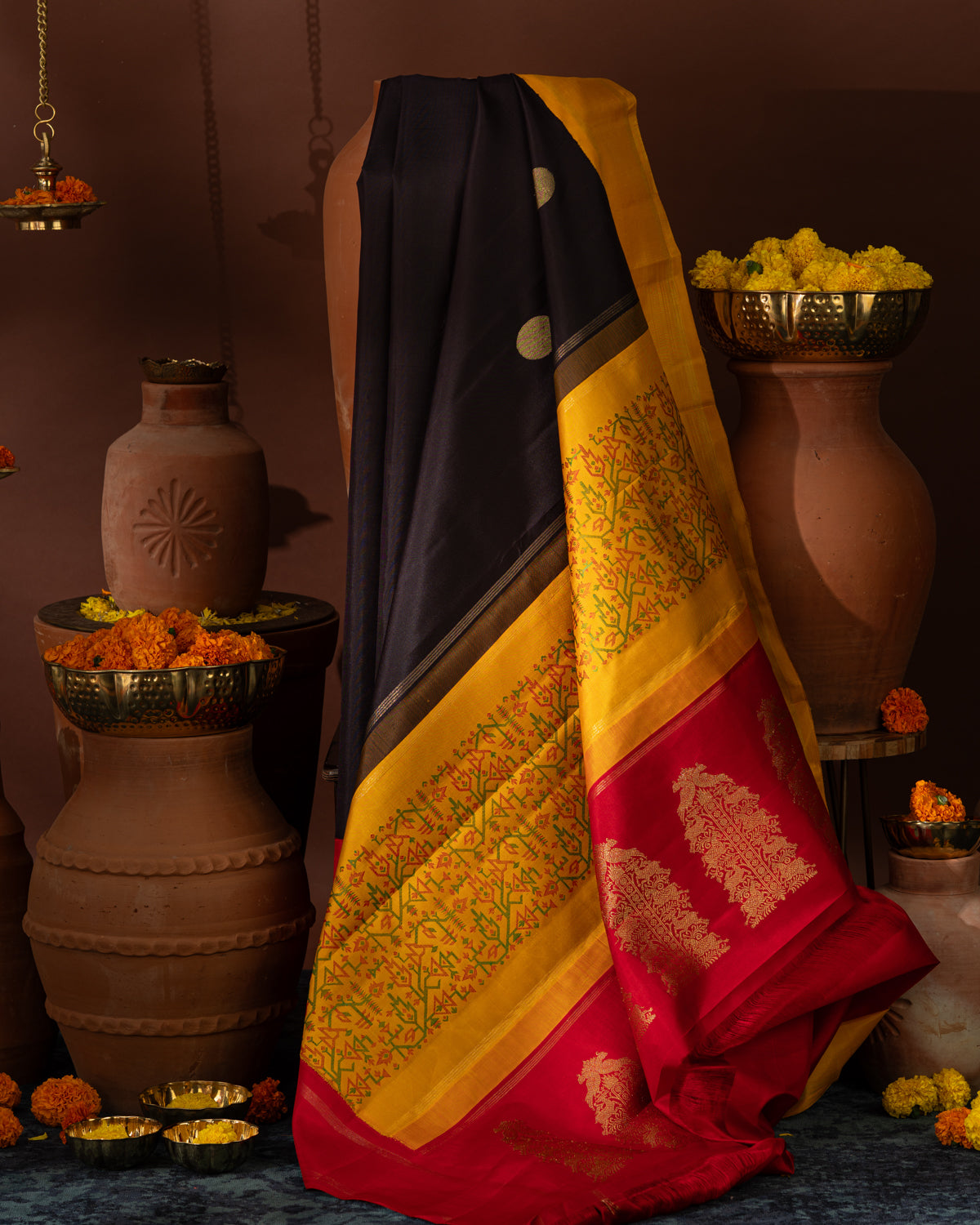 Deep Jamun Kanchipuram Silk Saree With Ganga Jamuna Border