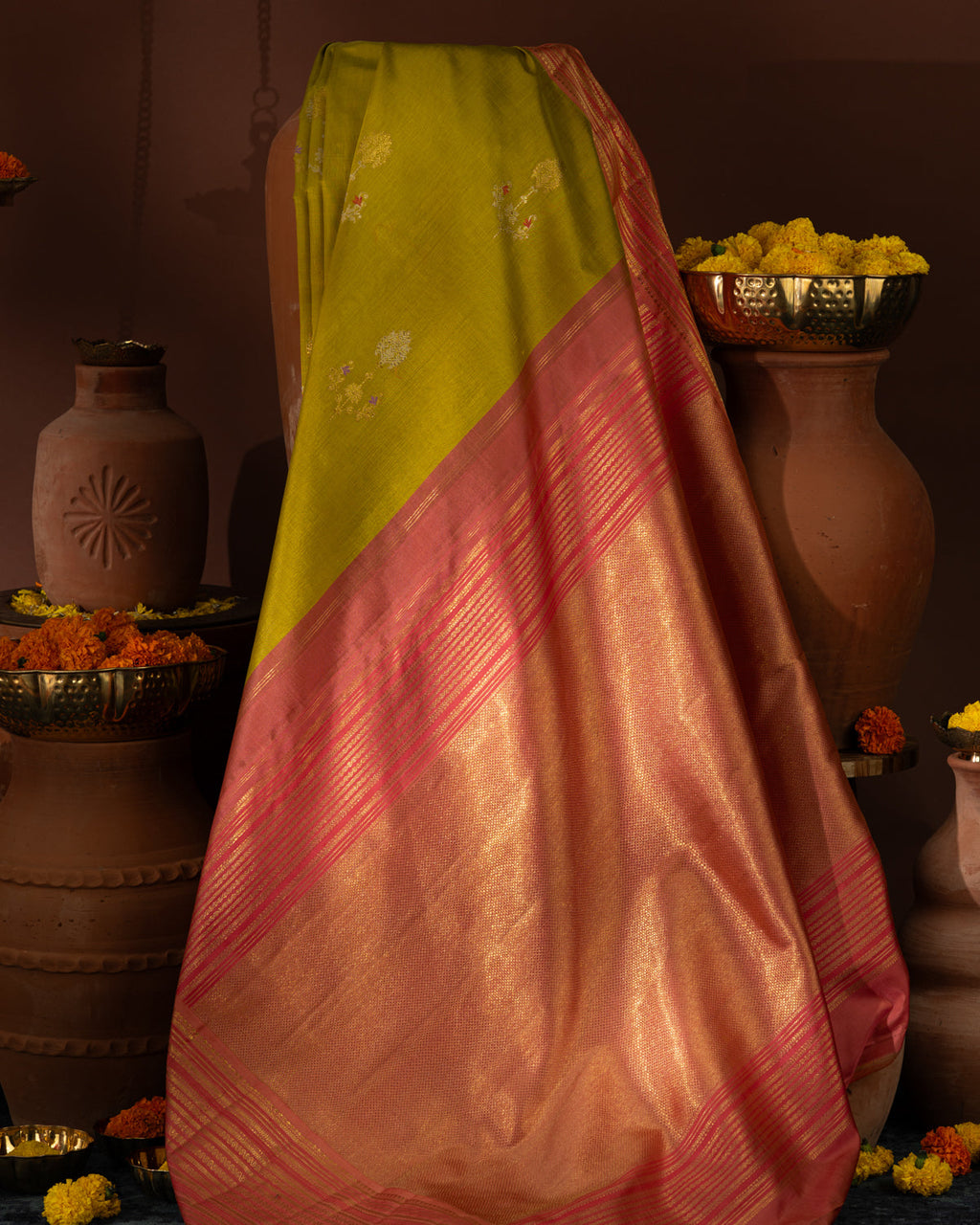 Lime Green Kanchipuram Kora Silk With Contrast Pallu & Blouse