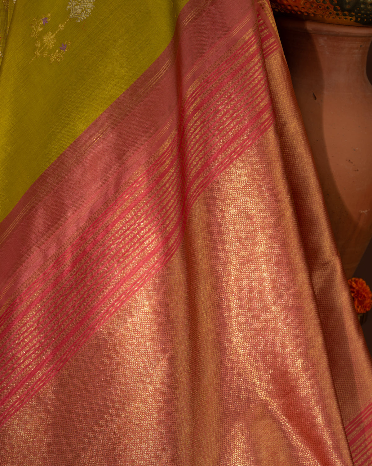 Lime Green Kanchipuram Kora Silk With Contrast Pallu & Blouse
