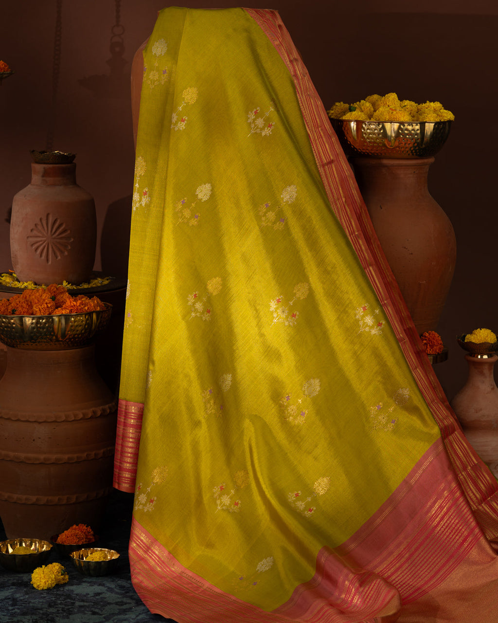 Lime Green Kanchipuram Kora Silk With Contrast Pallu & Blouse