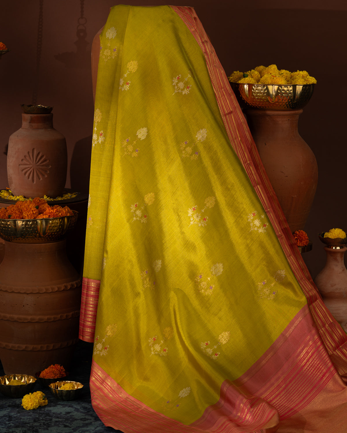 Lime Green Kanchipuram Kora Silk With Contrast Pallu & Blouse