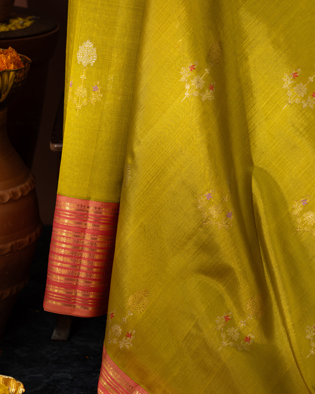 Lime Green Kanchipuram Kora Silk With Contrast Pallu & Blouse