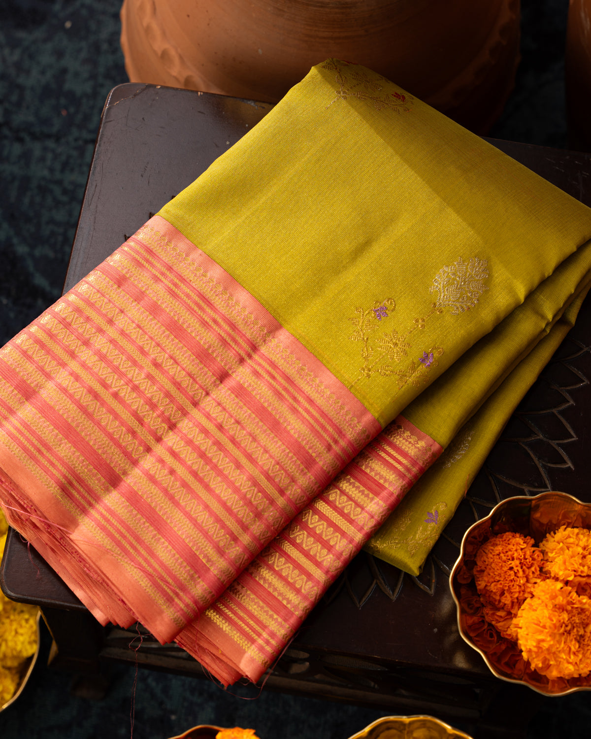 Lime Green Kanchipuram Kora Silk With Contrast Pallu & Blouse
