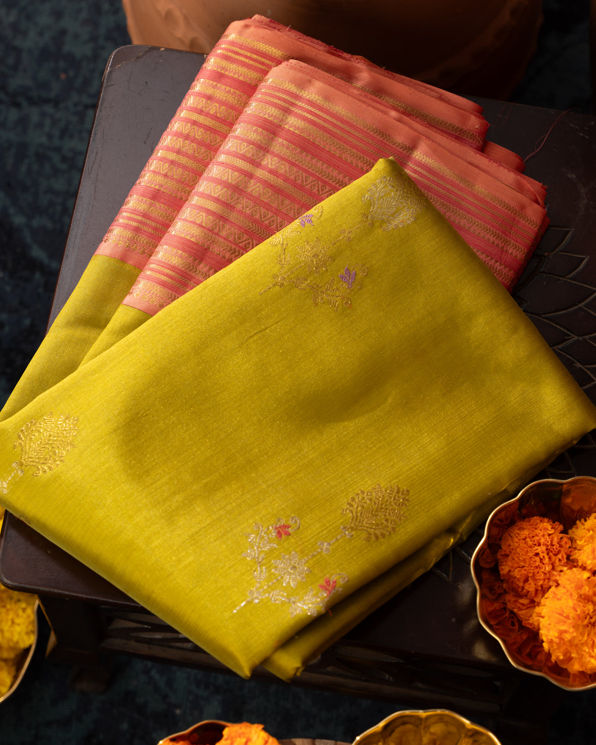 Lime Green Kanchipuram Kora Silk With Contrast Pallu & Blouse