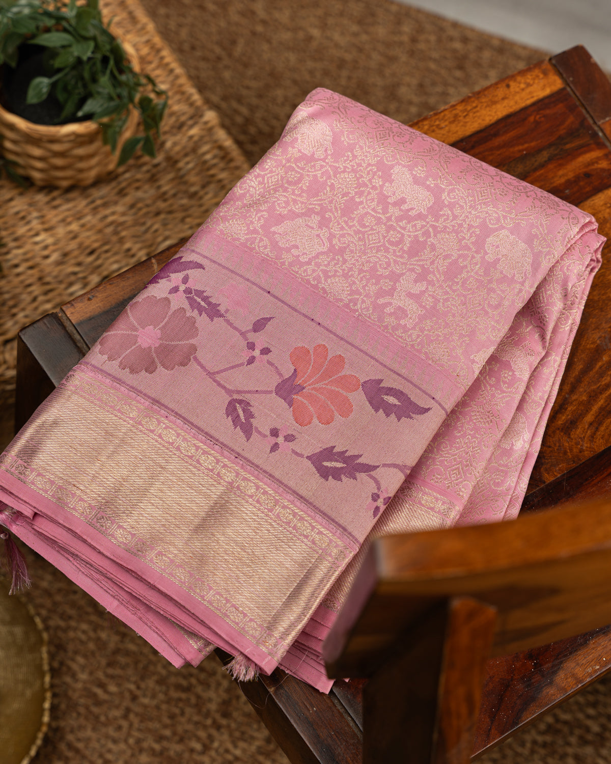 Baby Pink Pure Kanchipuram Silk With Allover Zari And Rich Paithani Pallu