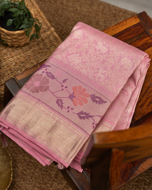 Baby Pink Pure Kanchipuram Silk With Allover Zari And Rich Paithani Pallu