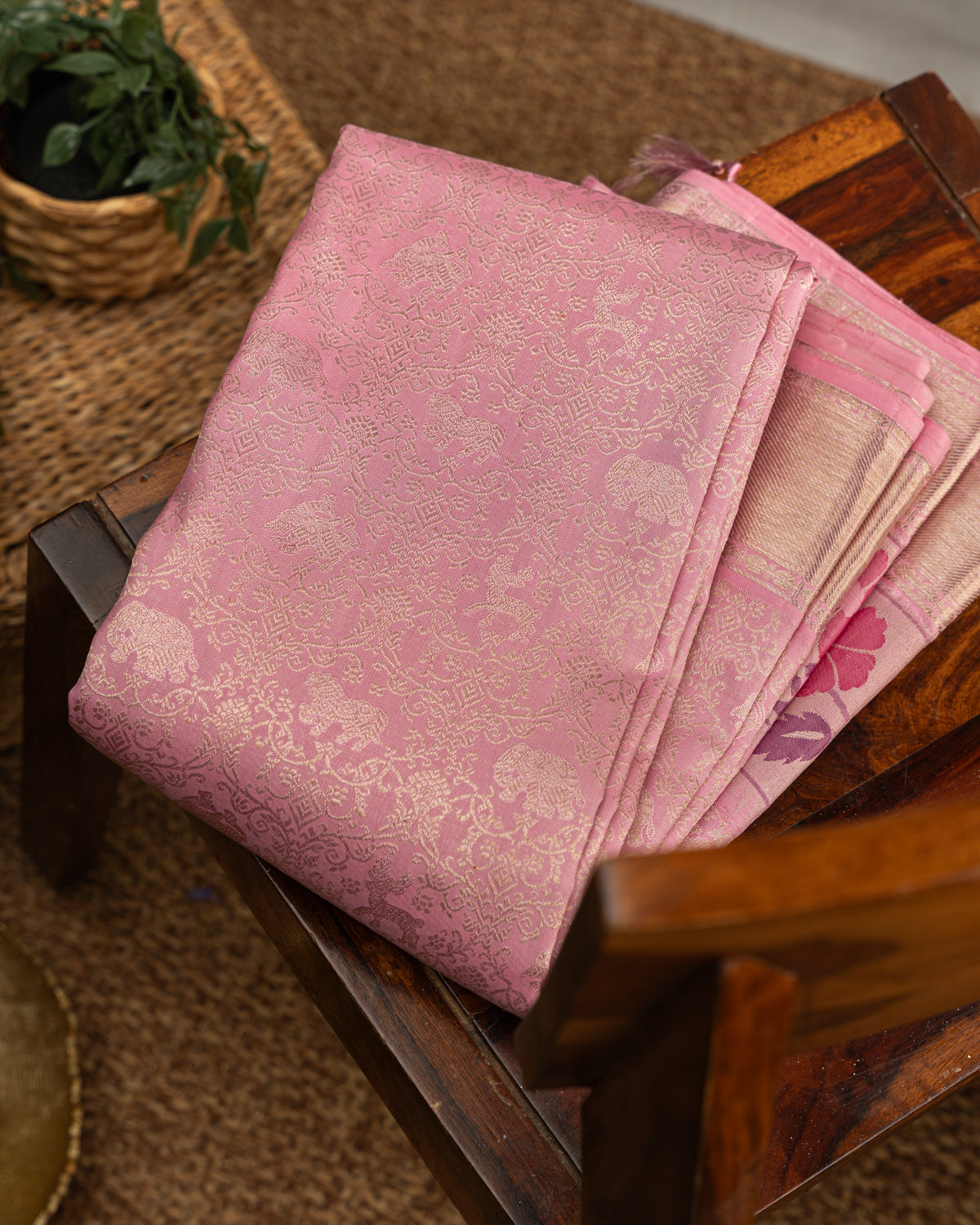 Baby Pink Pure Kanchipuram Silk With Allover Zari And Rich Paithani Pallu