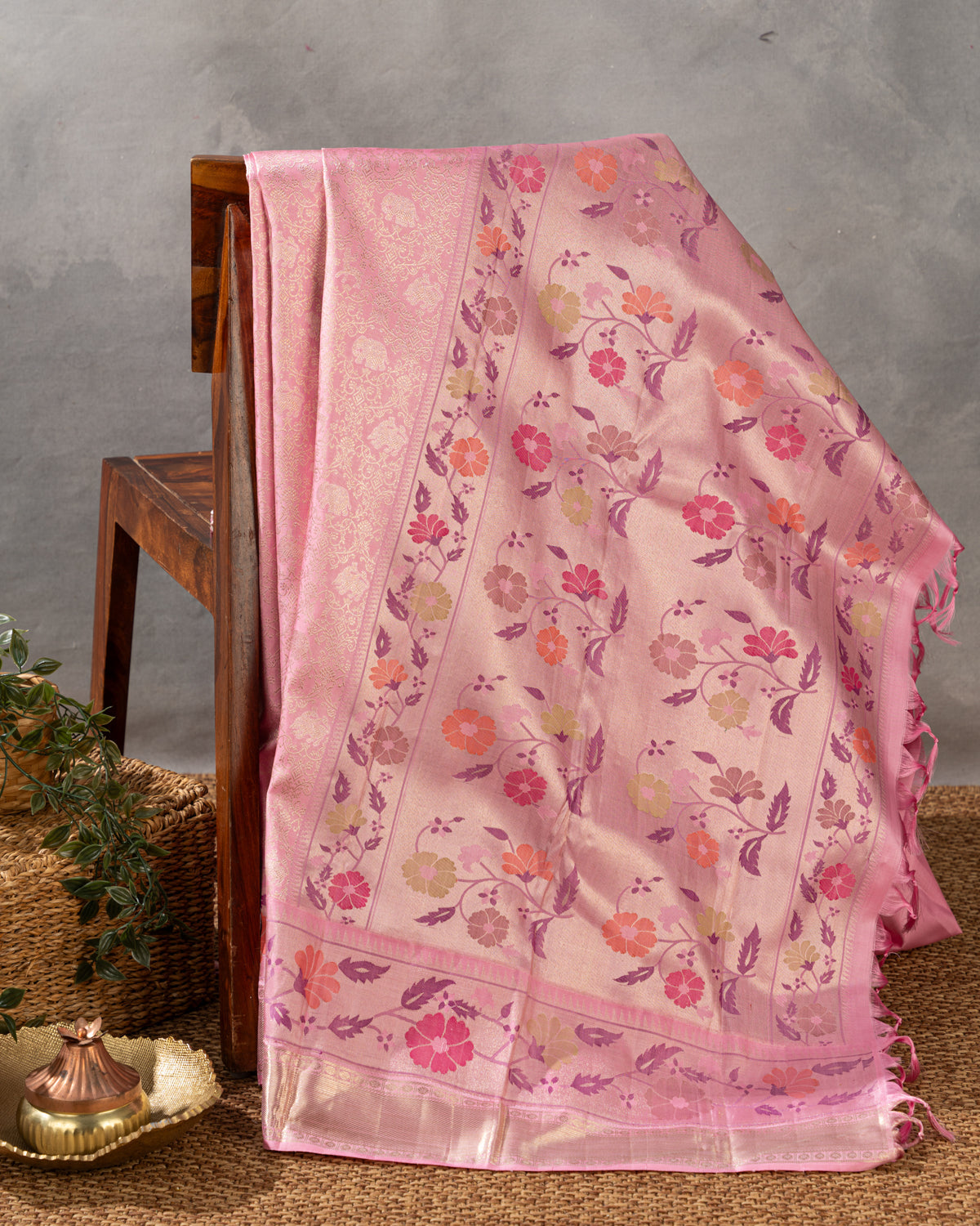 Baby Pink Pure Kanchipuram Silk With Allover Zari And Rich Paithani Pallu