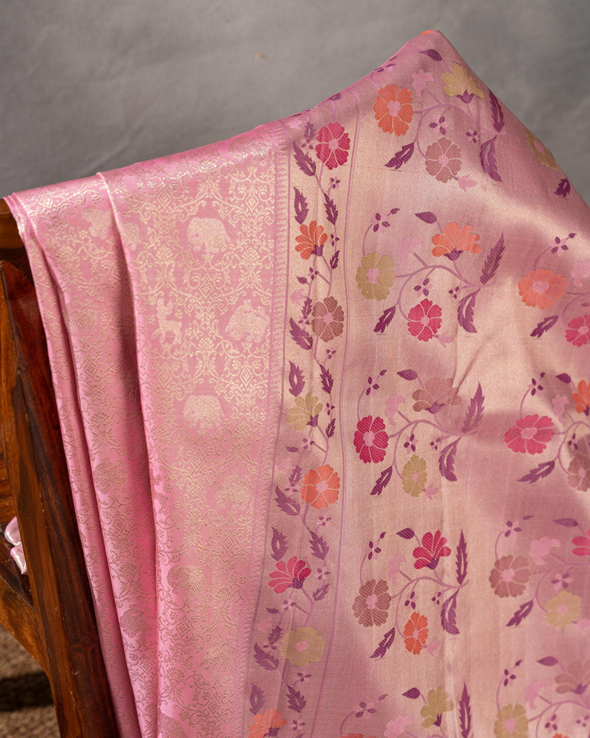Baby Pink Pure Kanchipuram Silk With Allover Zari And Rich Paithani Pallu