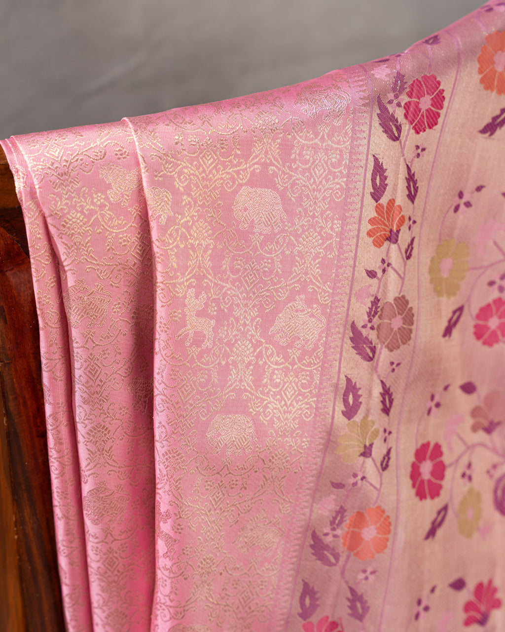 Baby Pink Pure Kanchipuram Silk With Allover Zari And Rich Paithani Pallu