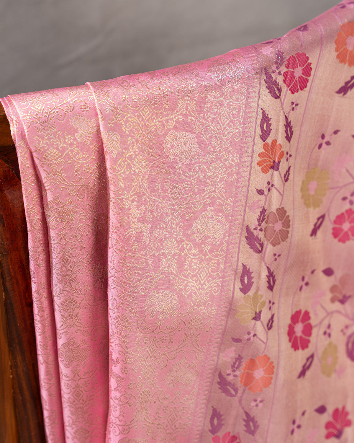 Baby Pink Pure Kanchipuram Silk With Allover Zari And Rich Paithani Pallu