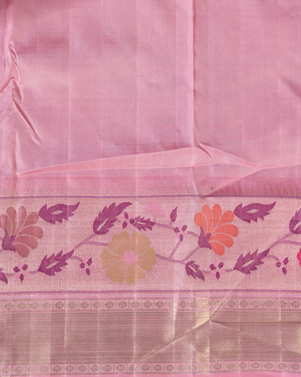 Baby Pink Pure Kanchipuram Silk With Allover Zari And Rich Paithani Pallu