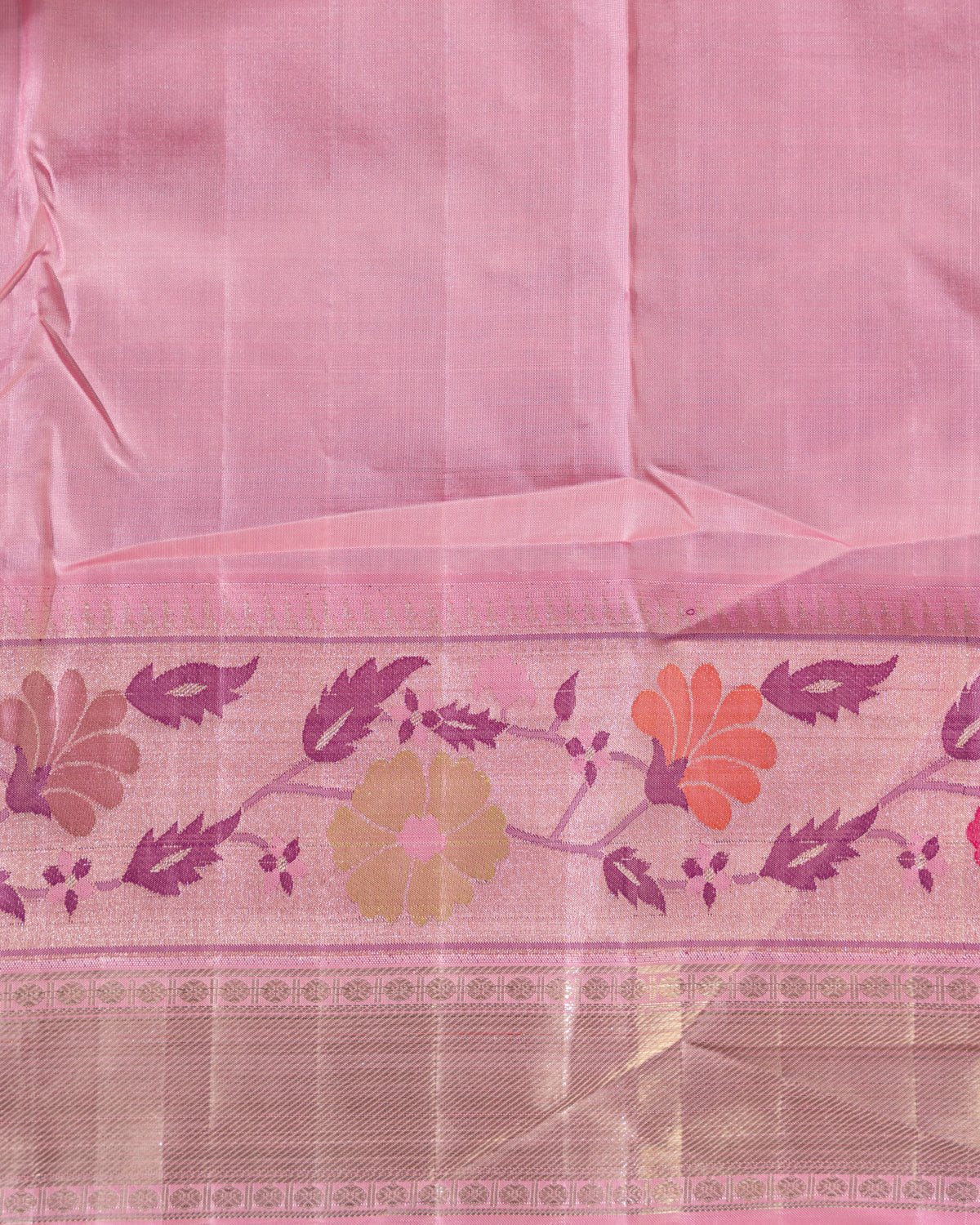 Baby Pink Pure Kanchipuram Silk With Allover Zari And Rich Paithani Pallu