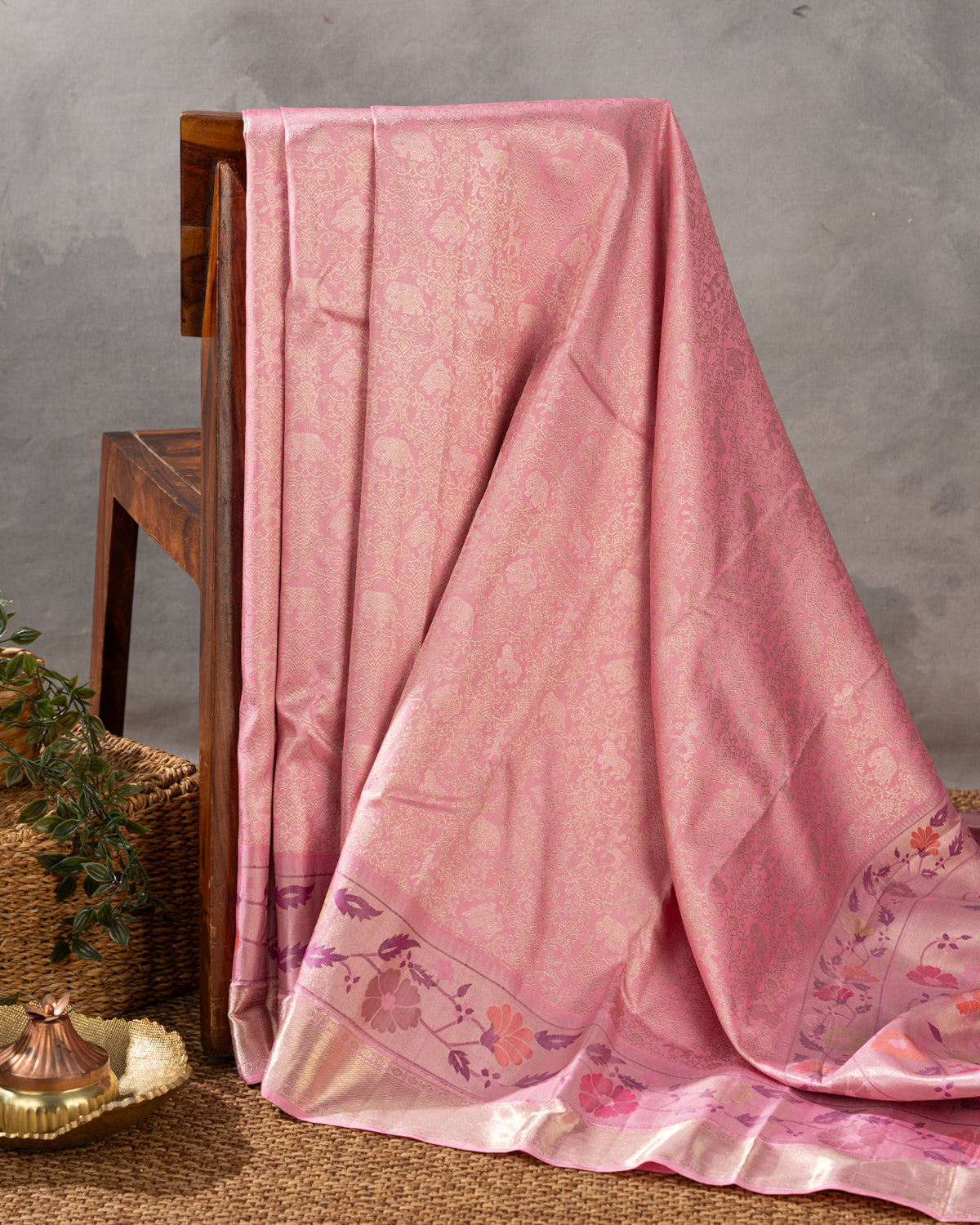 Baby Pink Pure Kanchipuram Silk With Allover Zari And Rich Paithani Pallu