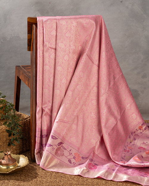 Baby Pink Pure Kanchipuram Silk With Allover Zari And Rich Paithani Pallu