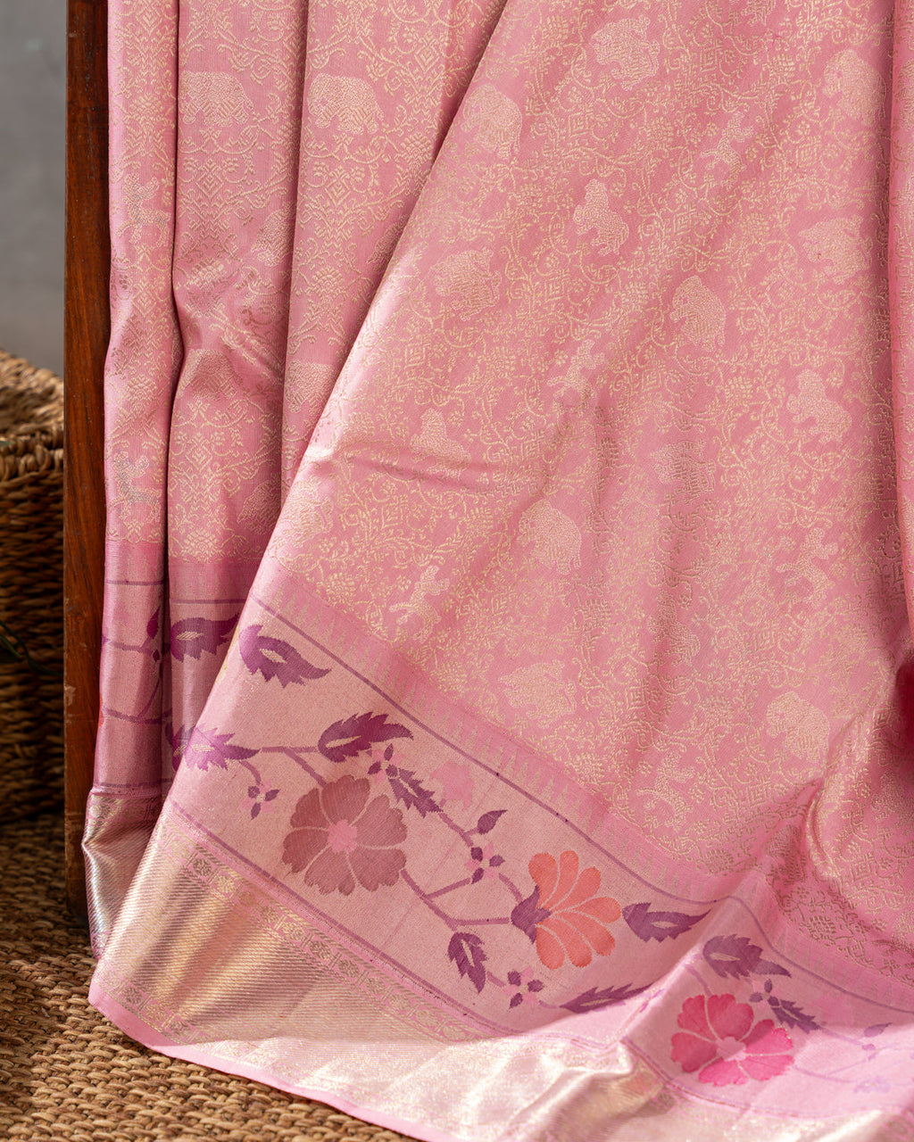 Baby Pink Pure Kanchipuram Silk With Allover Zari And Rich Paithani Pallu
