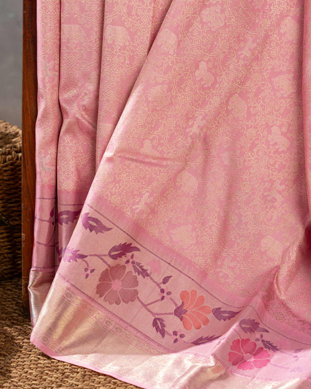Baby Pink Pure Kanchipuram Silk With Allover Zari And Rich Paithani Pallu
