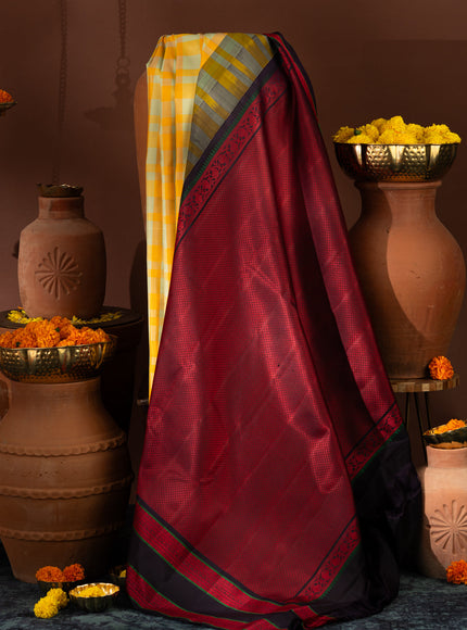 Yellow Kanchipuram Silk Saree With Different Colored Checks In The Body
