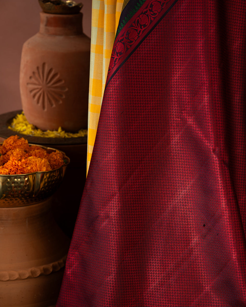 Yellow Kanchipuram Silk Saree With Different Colored Checks In The Body