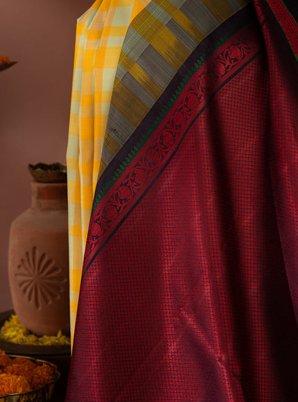 Yellow Kanchipuram Silk Saree With Different Colored Checks In The Body