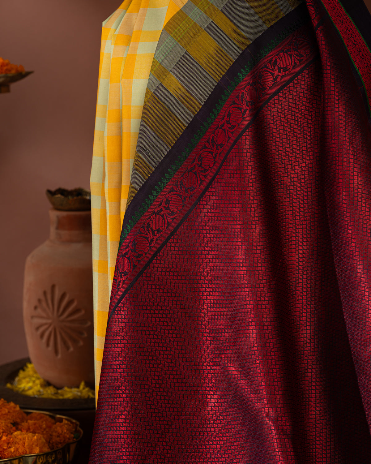 Yellow Kanchipuram Silk Saree With Different Colored Checks In The Body
