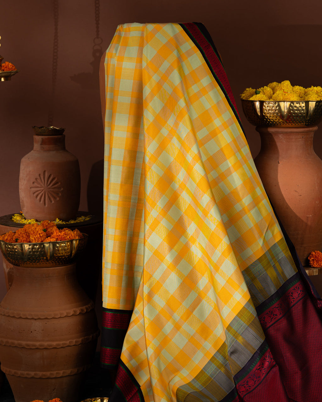 Yellow Kanchipuram Silk Saree With Different Colored Checks In The Body