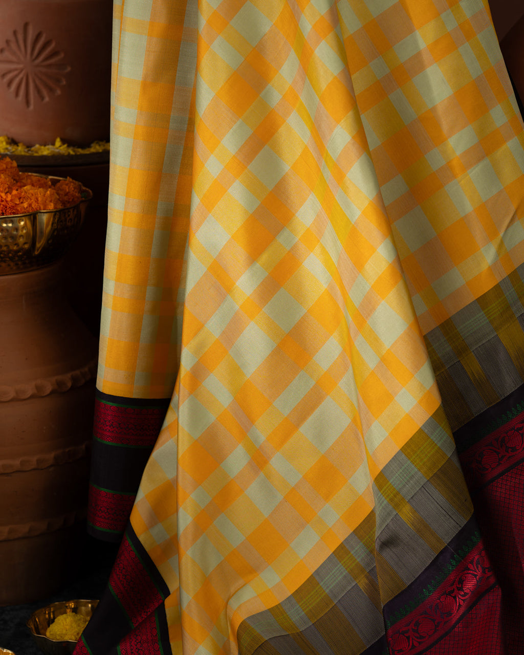 Yellow Kanchipuram Silk Saree With Different Colored Checks In The Body