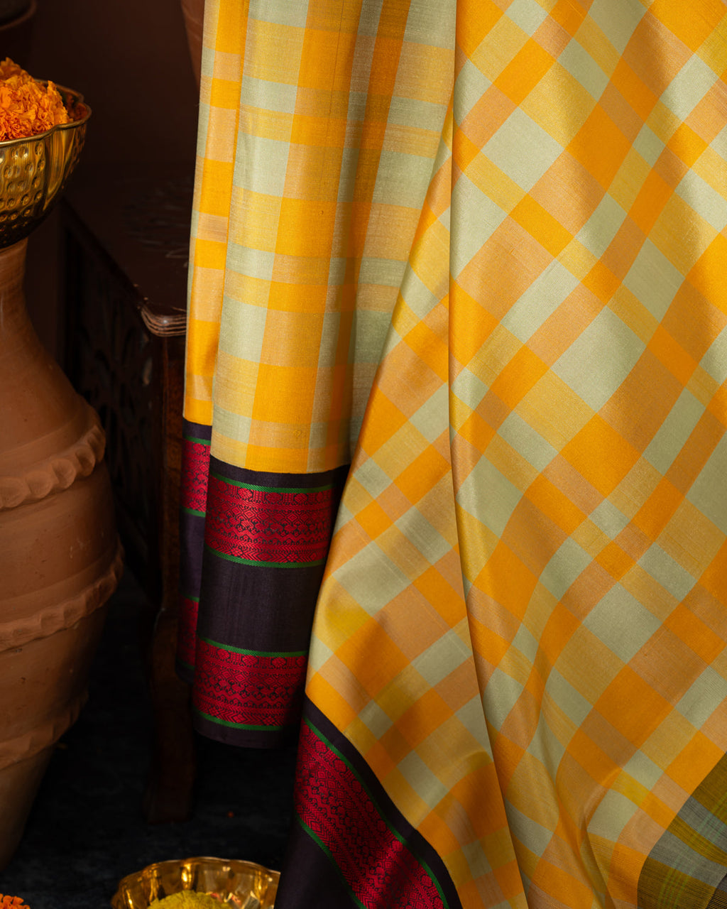 Yellow Kanchipuram Silk Saree With Different Colored Checks In The Body