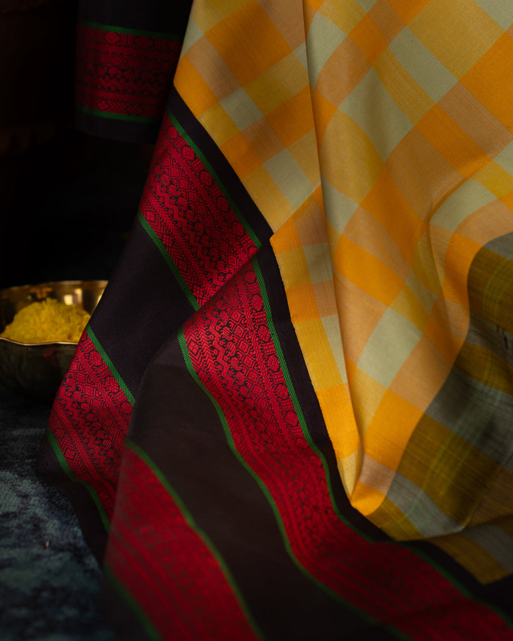 Yellow Kanchipuram Silk Saree With Different Colored Checks In The Body